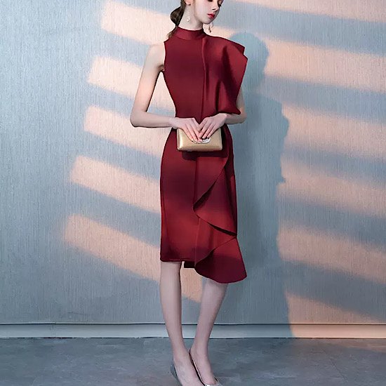 【取寄：納期2週間】結婚式ドレス イブニングドレス 膝丈 スリム ドレープスカート 発表会 演奏会 レディース 結婚式 ステージ衣装 エレガント ウエディングドレス カラードレス 無地 シンプル