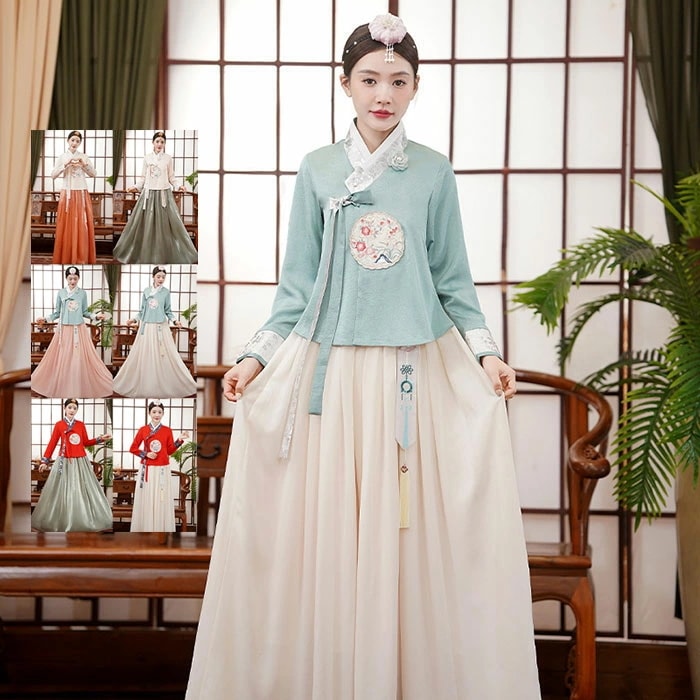明日まで値下げ チマチョゴリ 朝鮮族ドレス 韓服チマチョゴリ 全6色 大人用 花刺繍 長袖 レディース イベント 韓服 普段着 舞台ダンス衣装 コスプレ衣装 上下セット 宮廷風衣装 バイカラー 韓流