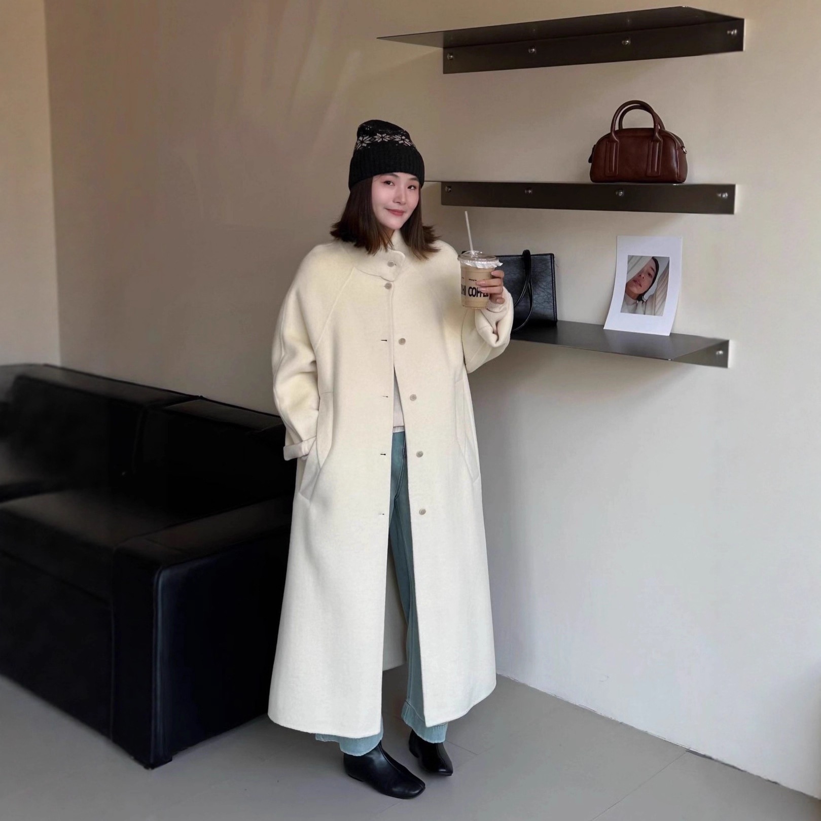 2025 韓国風 リラックス シングルブレスト スタンドカラー 両面ウールコート ロング丈 厚手 暖かい ウール ジャケット