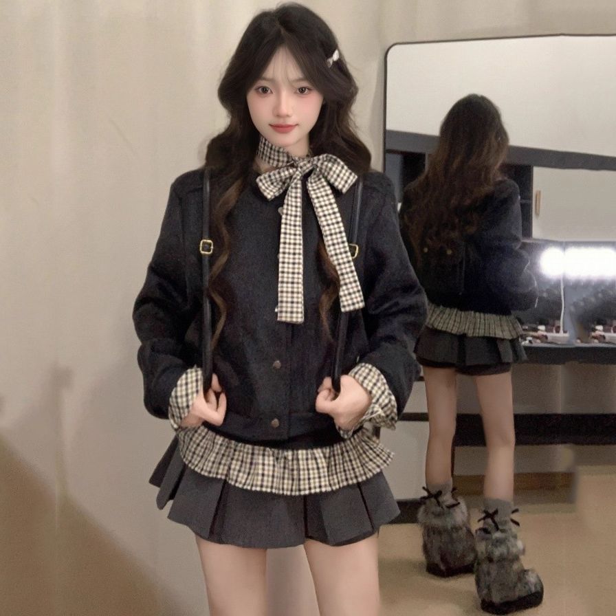 秋新作 韓国系 甘い優しい学院風 トップス・スカート・アウター 3点セット