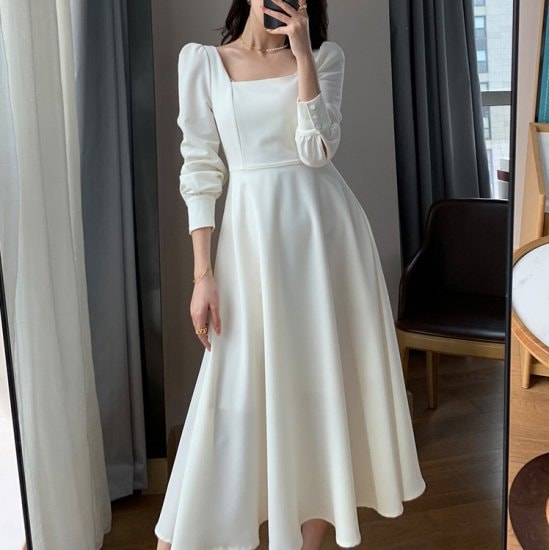 【取寄：納期2週間】ロングワンピース マキシ丈 ミディアム レディース ロング丈 パフスリーブ 七分袖 ロングワンピース スクエアネック 上品 エレガント ボタン 無地 シンプル マキシ丈