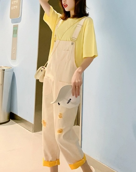 レディース オールインワン オーバーオール クロップド丈 ストリート ヒップホップ ポケット ダメージ バイカラー サスペンダー デニム カラーデニム かわいい カジュアル おしゃれ レトロ