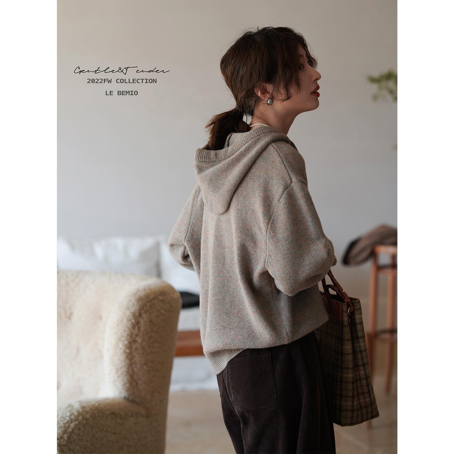 gifts for women keep warm メリノウールの軽いレトロな怠惰なルーズニットフード付きスウェットシャツ
