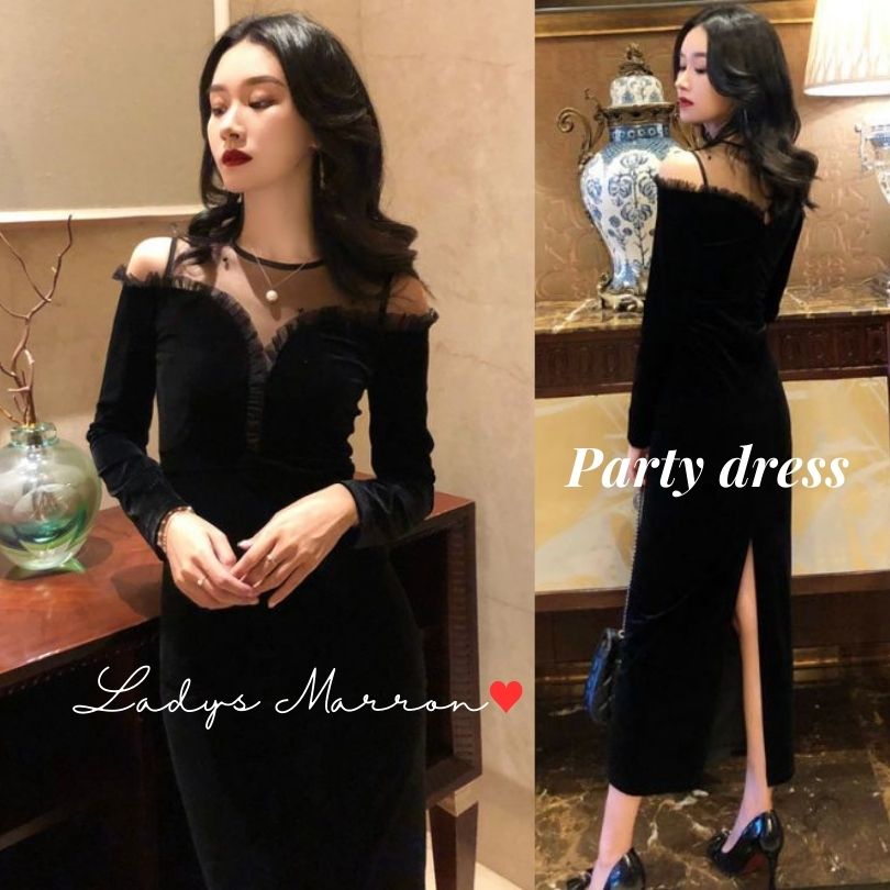 2点購入で200円割引プロモーション最終日 スリットドレス 結婚式タイトドレス オフショルドレス フリルドレス 黒ドレス 同窓会ドレス 成人式ドレス お呼ばれドレス 結婚式 黒ワンピース パーティード