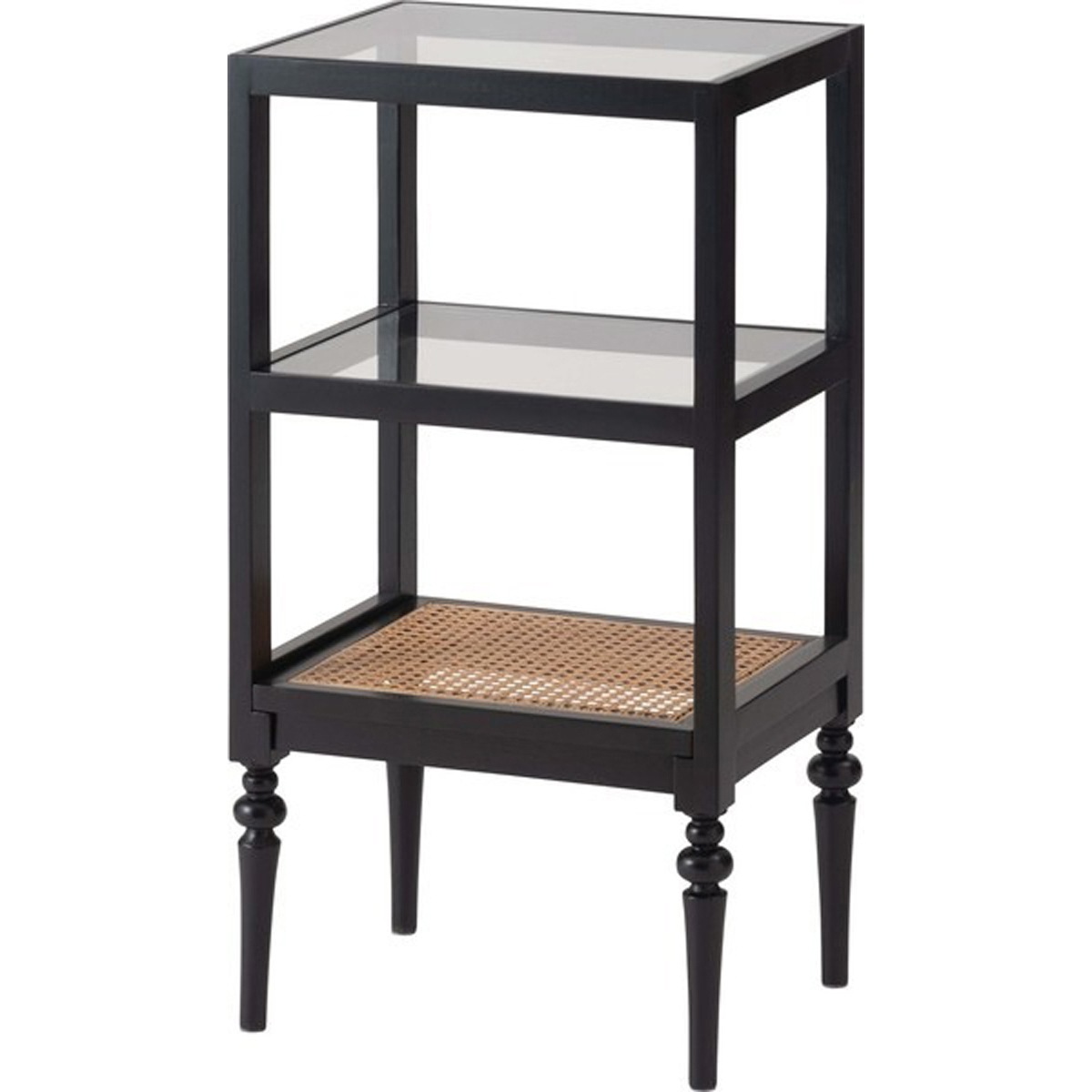 オープンシェルフ 収納 棚 シェルフ オープン収納 3段 三段 見せる収納 魅せる収納 木製 天然木 ミンディ ラタン 籐 幅40cm 高さ75cm ガラス クリア 透明 ターンドレッグ ろくろ脚 シ