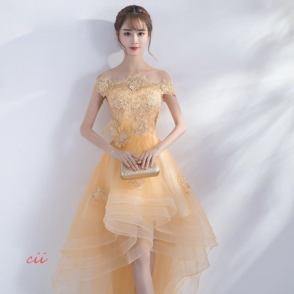 パーティードレス ボートネック オフショルダー司会ドレス フォーマル 20代 結婚式 Aライン ドレス お呼ばれ 二次会 30代 前短後長 ミニ丈ドレス