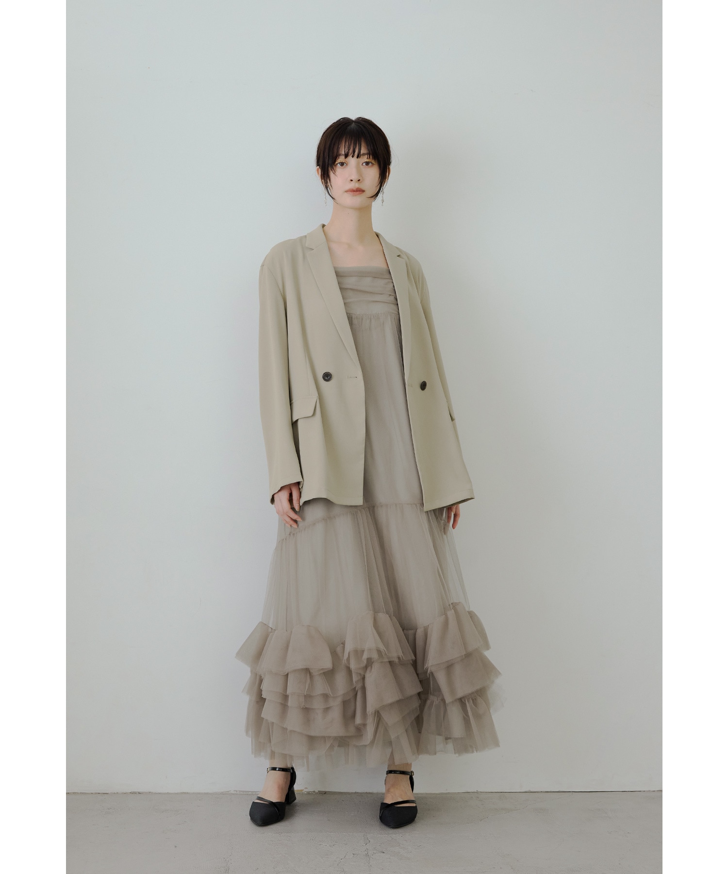 ジャケットセットチュールフリルドレス パーティードレス 結婚式 キャミワンピース シアー Aライン フレア 2点セット 羽織 長袖 無地 お呼ばれ パーティー 二次会 披露宴 謝恩会 成人式 同窓会