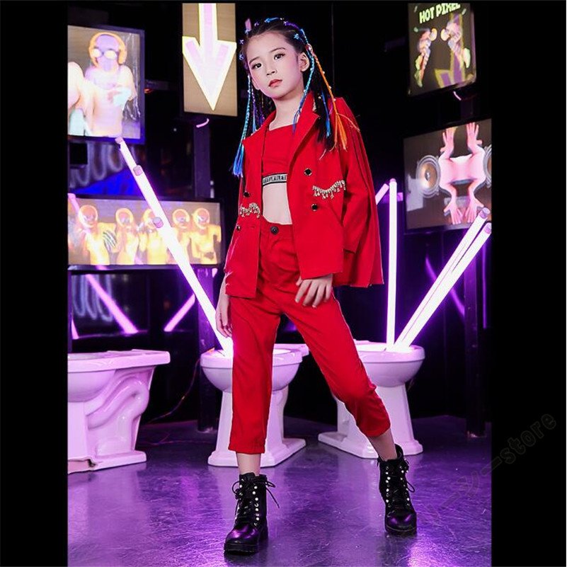 キッズダンス衣装 セットアップ レッド キッズ女の子 トップス 舞台服 ダンス衣装 へそ出し ステー