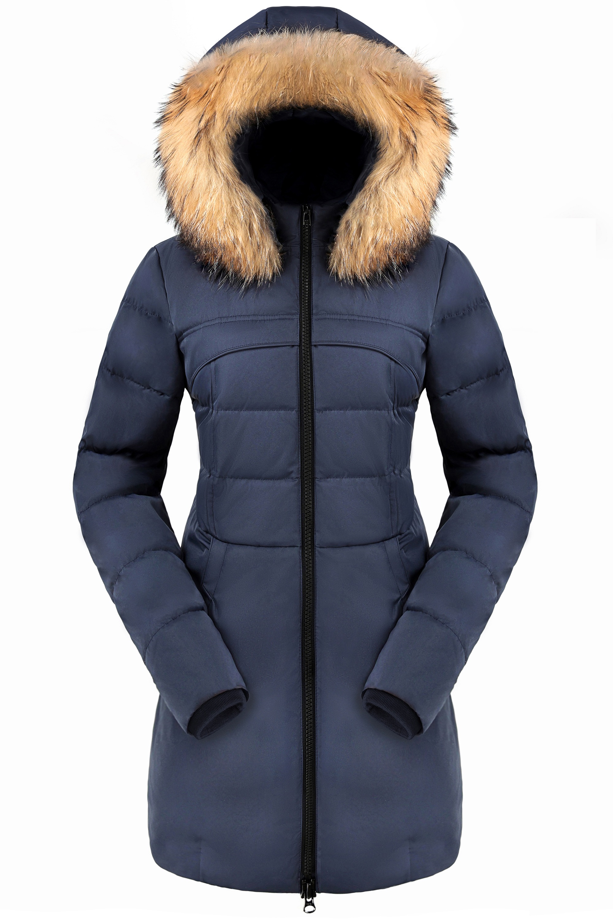 ダウンコートレディース 無地 ミドル ポケット フード ファスナー ダウンジャケットコート [4カラー]