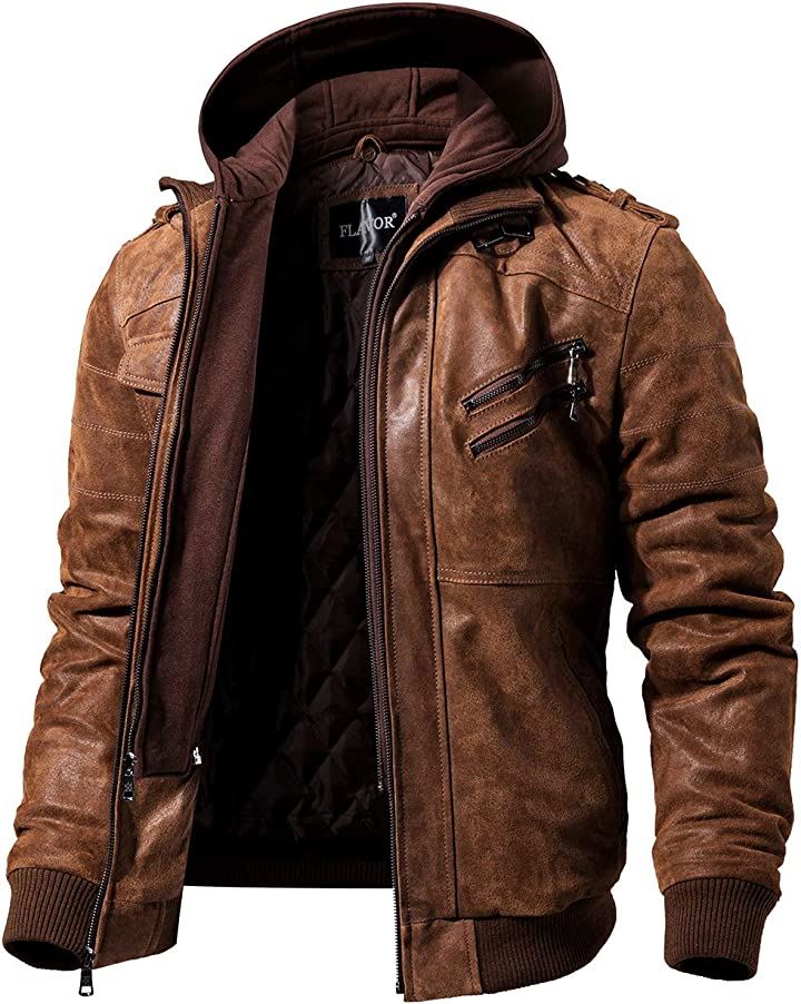 メンズ レザージャケット ライダースジャケット コート 本革 豚革 取り外し可能 フード付き 厚手 バイク XL( ブラウン, XL Regular)