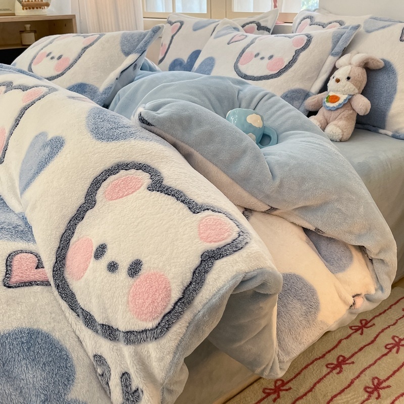 スノーフレークフリース4点セット 冬暖かいコーラルフリース かわいい漫画風両面フリース 3Dミルクフリース4点セット