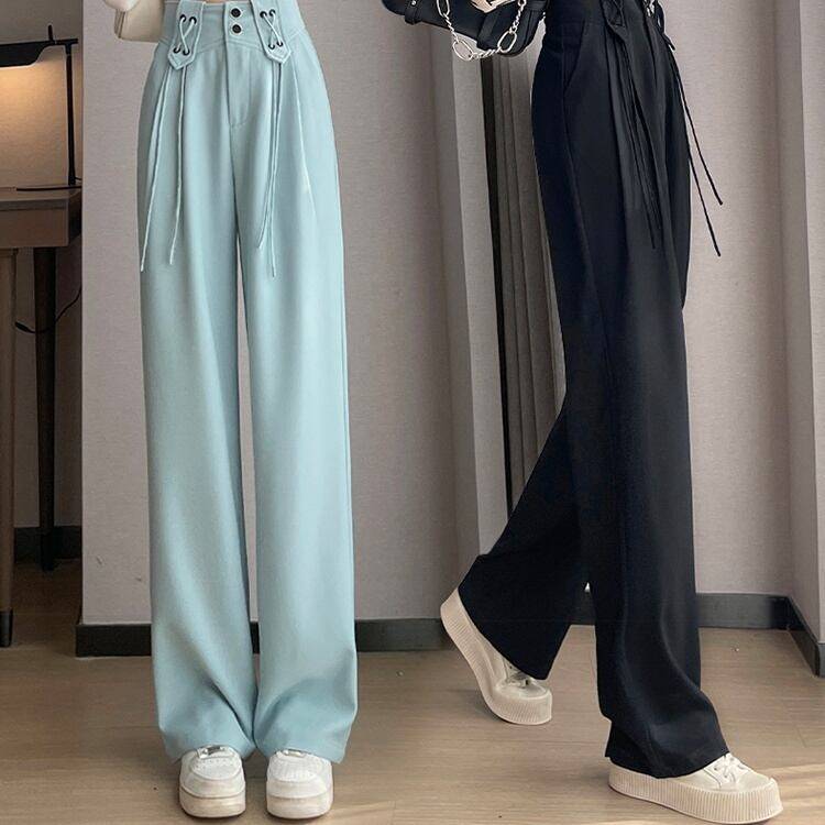 2color レディース ボトムス パンツ ワイドパンツ イージーパンツ ストレート 無地 ハイウエスト 華奢見え レースアップ タック 楽ちん ポケット カジュアル 大人カジュアル シンプル きれい 5,546円