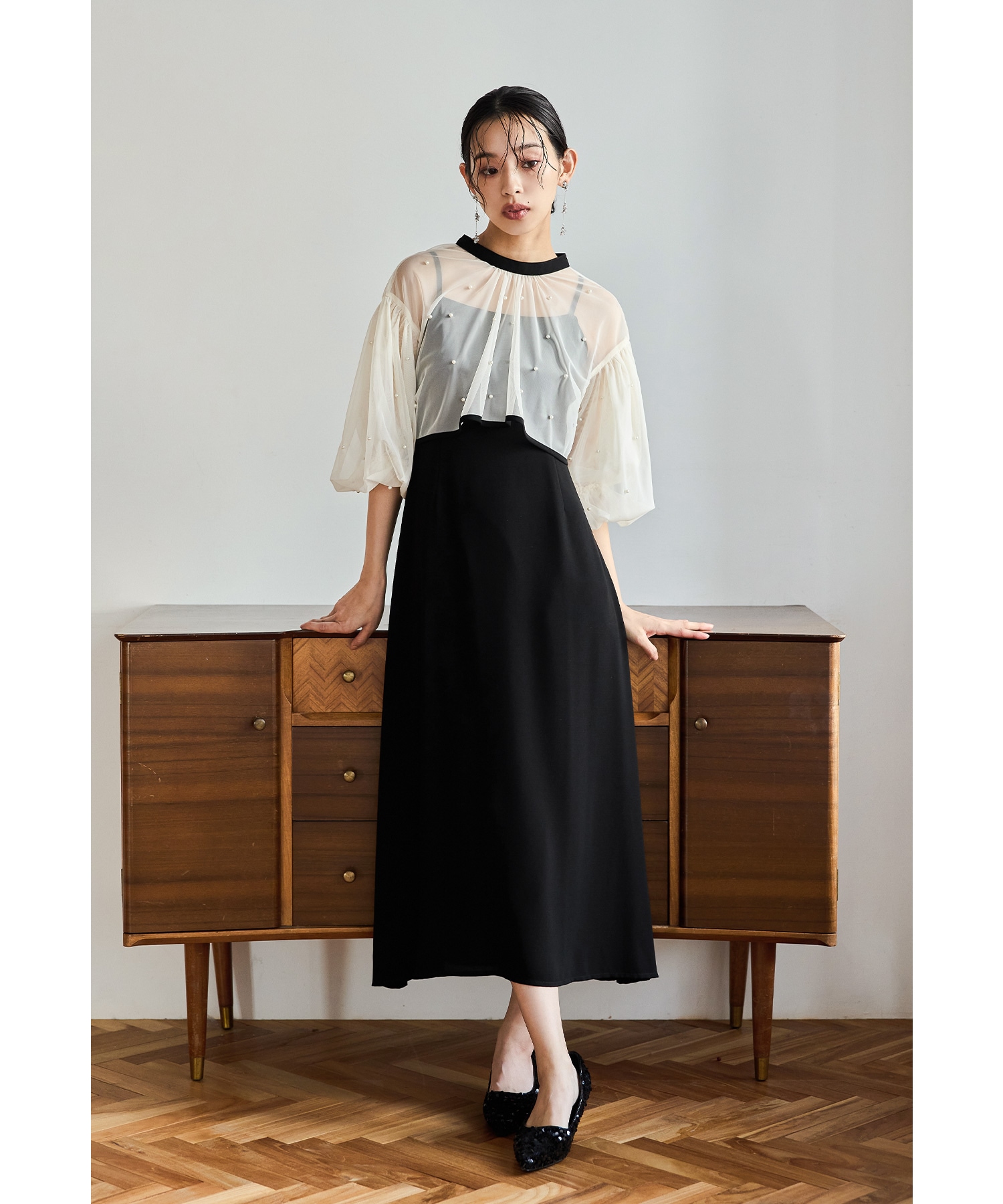 パールチュールボレロセットドレス パーティードレス 結婚式 シアー チュール キャミワンピース リボン ボリューム袖 フレア 無地 お呼ばれ パーティー 二次会 披露宴 謝恩会 成人式 同窓会