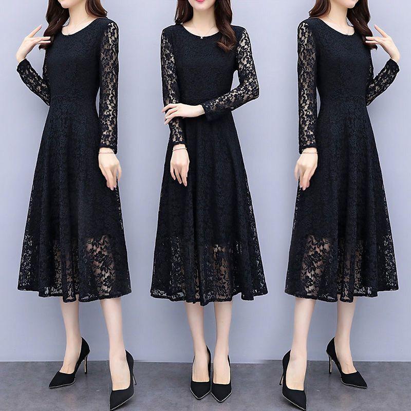 送料無料卸売可能 パーティドレス ロング 袖あり 長袖 レース Aライン 体型カバー 大きいサイズ 総レースワンピース 秋 春 結婚式 二次会 お呼ばれ