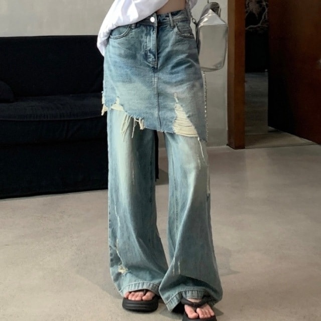 2024 夏 韓国パンツ ロング丈 デニム ジーンズ 2枚重ね ハイウエスト 美脚効果 脚長効果 細見え 夏 おしゃれ かわいい 韓国系ファッション レディース メンズライク