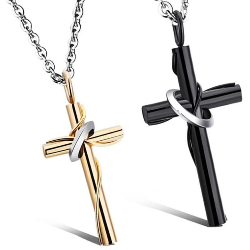 ロータスリングクロスネックレス ペアセット 黒色 ブラック 金色 ゴールド 十字架 ロザリオ 綺麗 大人 お揃い カップル サージカルステンレス316L 男性 女性 記念日 stt00-00-0243