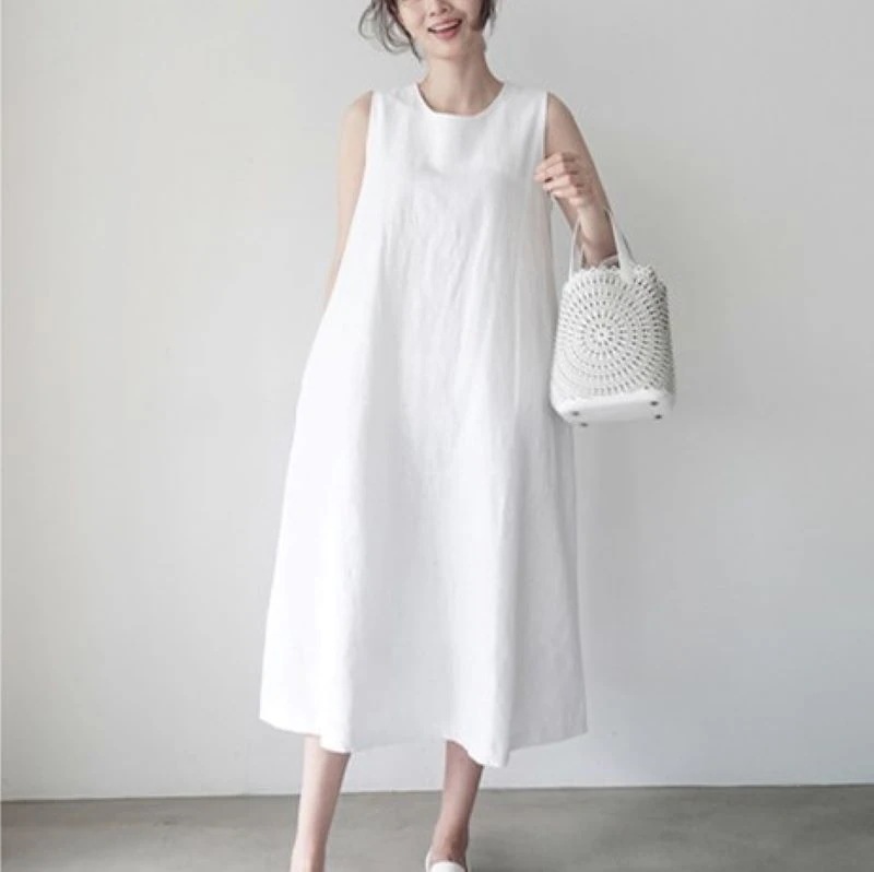 綿麻ノースリーブベストゆったり着痩せン文学膝丈女性用