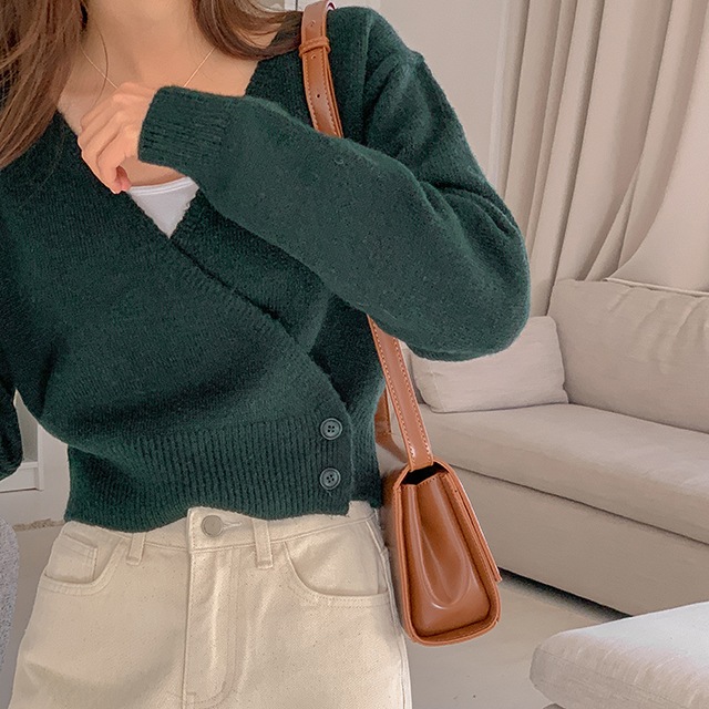 Vネック ラップスタイル カラーニット