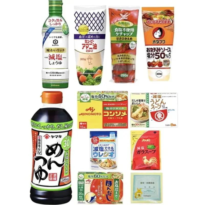 Collegaro減塩 調味料 セット 醤油 オタフクソース ケチャップ アマニ油 マヨネーズ ウレシオ 塩 鶏ガラスープ 10種 段ボール入り Luttyオリジナル期限ステッカー