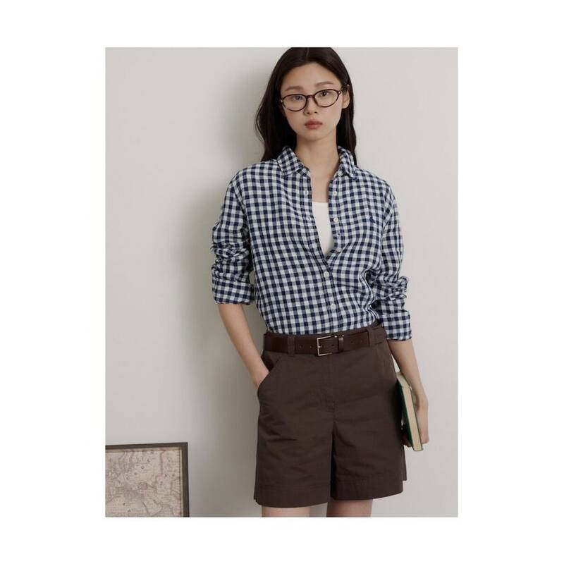 BEANPOLE LADIES リネン ギンガムチェック スリムショートシャツ ブルー (BF6364C07P) BF6364C07P 423053