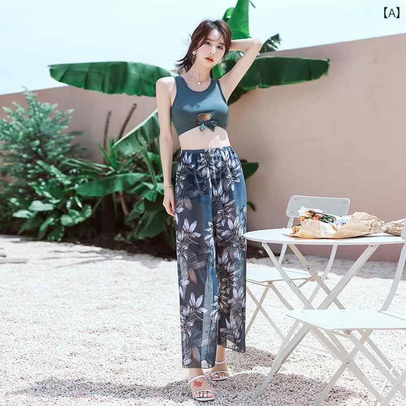 レディース 水着 ビキニ スリーピース ビキニ＋ロングパンツ 長ズボン レディース３点セット カップル用 ペアルック メンズ ビーチパンツ 大花柄プリント ブルー系 女性用 男性用 大きいサイズ リゾ 6,581円