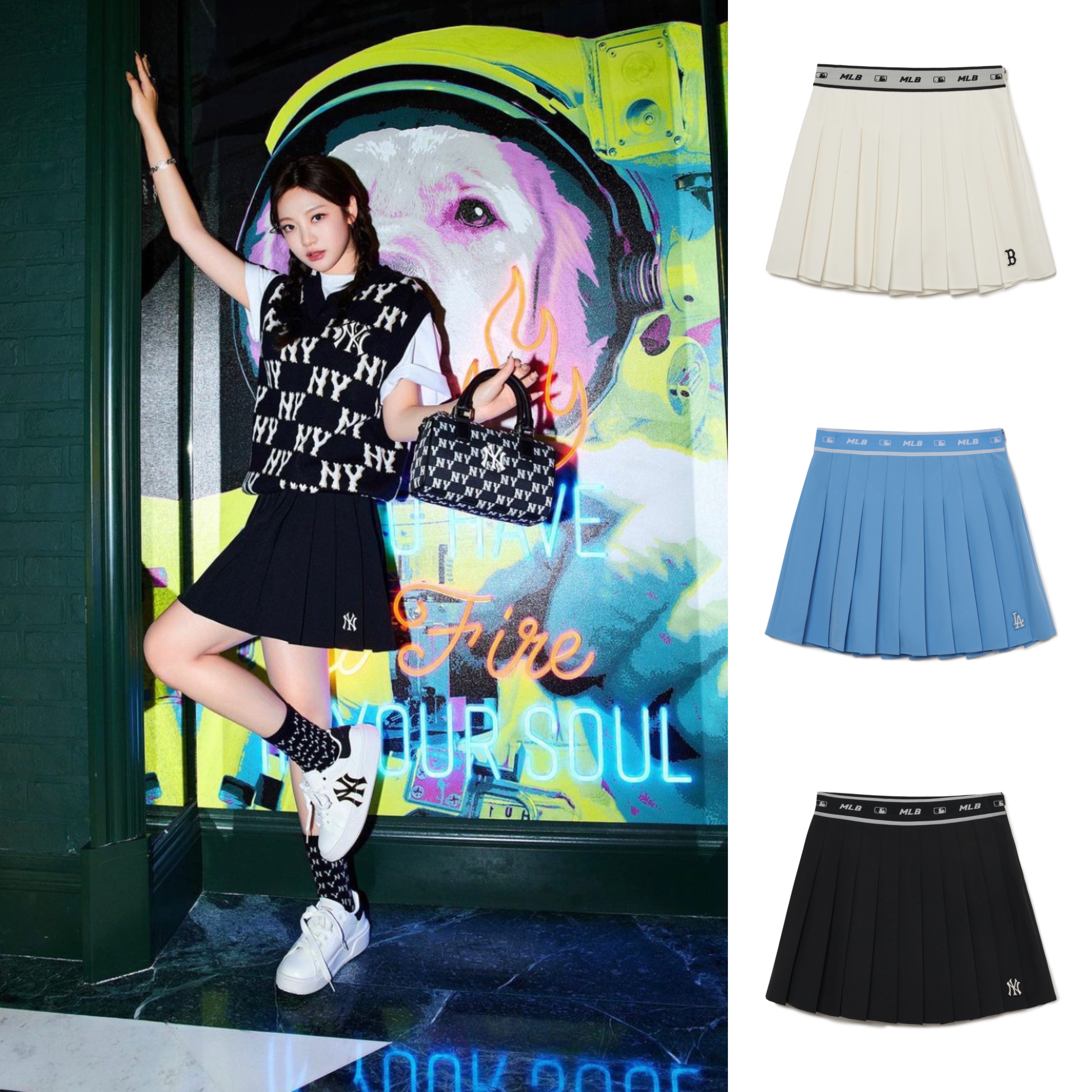 3FSKBO133 AESPA着用 韓国最新人気新商品 レディース ベーシック スモールロゴ スカートMLB KOREA
