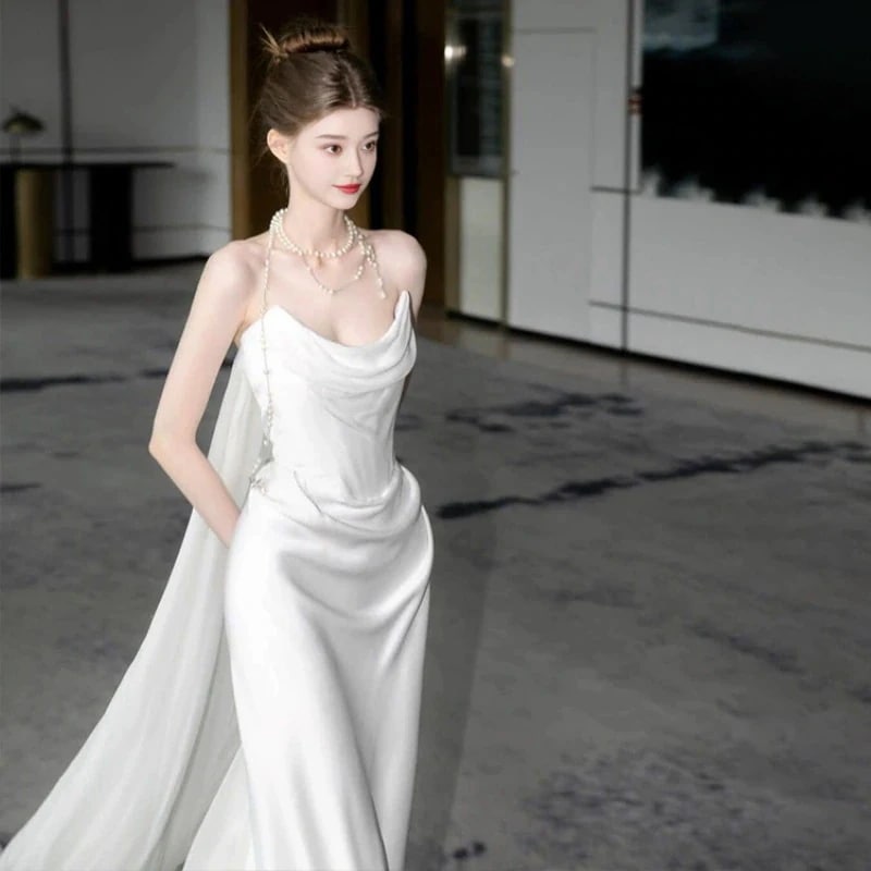 【2枚購入で 3oo円OFF！】白いテール付きの軽いウェディングドレス結婚式の花嫁の乾杯ドレス婚約イブニングドレス女性用サテンブドレス