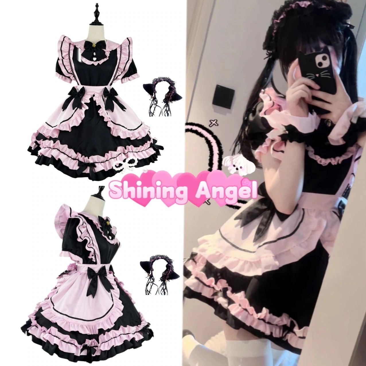 新人気 かわいい メイド服 文化祭 ハロウィン メイド服 黒ピンクの猫耳髪飾り