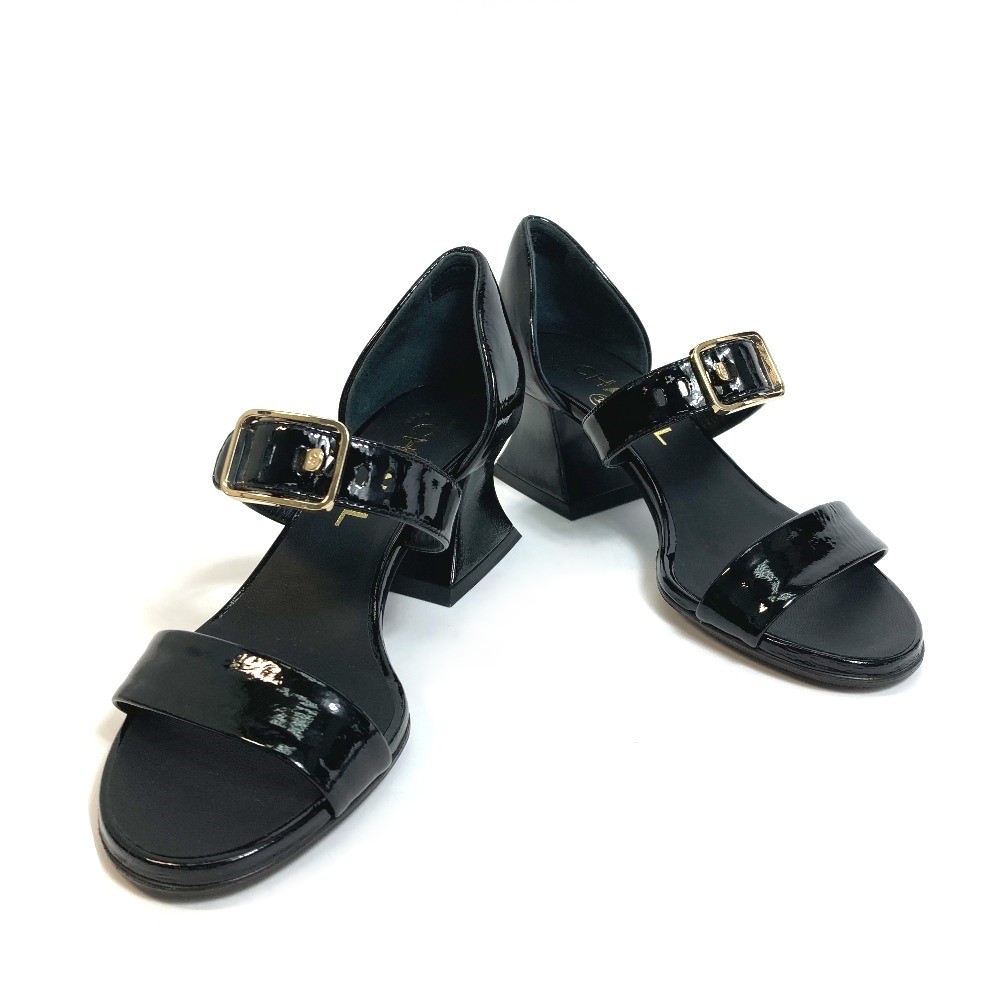 サンダル G39050 デザインヒール スクエアヒール ココマーク CC ストラップ 靴 パテントレザー ブラック