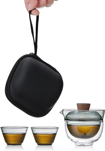 ポカロティー 旅行ティーセット 耐熱ガラス 携帯便利 蓋茶こし付き 保護ケース付 ダブルウォールガラス急須とティーカップ2個 170ml/40ml＊2 熱湯可 一人用 日本茶 中国茶 紅茶 緑茶 玉露