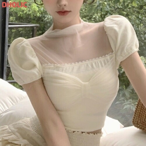 [メガ割りSALE]シアーリボンクロップドパフ半袖Tシャツ