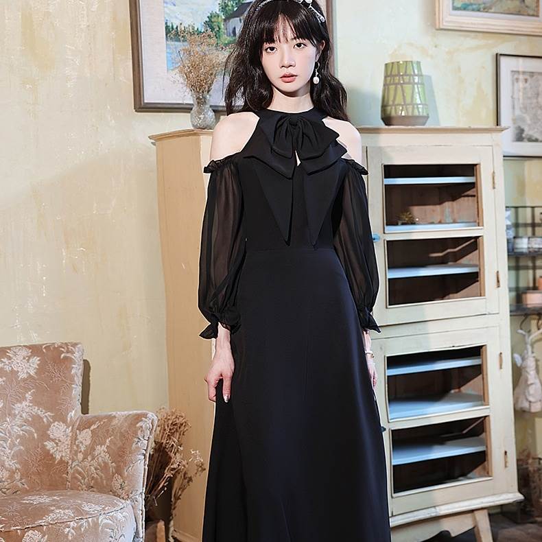 新発売パーティードレス ロング ドレス 黒 オフショル リボン ホルターネック かわいい 個性的 お洒落 無地 レディース 結婚式 二次会 お呼ばれ 演奏会 発表会 フォーマル ドレス ワンピース 肩