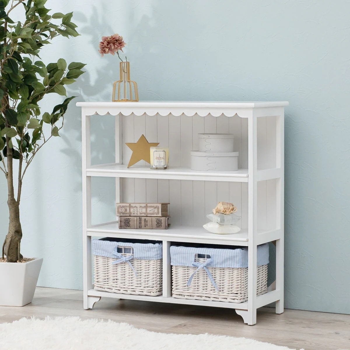 オープンラック 3段 編みカゴ 引出し2杯 姫系 カントリー調 幅70cm ラック 飾り棚 シェルフ 収納棚 桐製 バスケット付 天然木 完成品 木製ラック 収納ラック 棚 ウッドラック 収納 本棚 14,196円