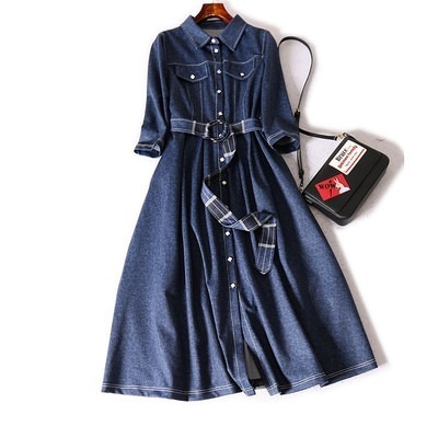 ワンピース ミモレ丈ワンピース デニムワンピース ミモレ丈 7分袖 襟付き ウエストベルト ボタン デニム ポケット バックシャン かわいい 大人可愛い きれいめ シンプル 上品 おしゃれ