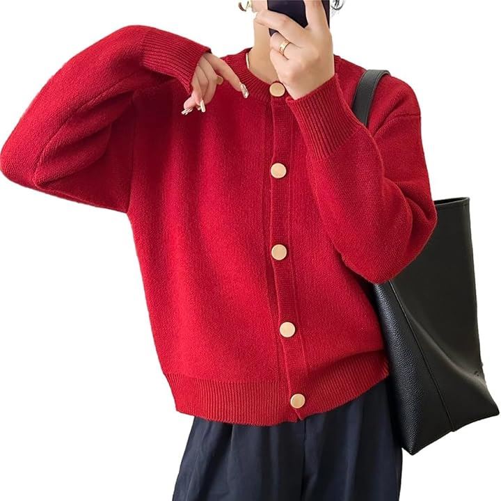 ジェイスコット ニットカーディガン レディース ゴールドボタン ラウンドネック フロントボタン 長袖 羽織 着回し(レッド, S)