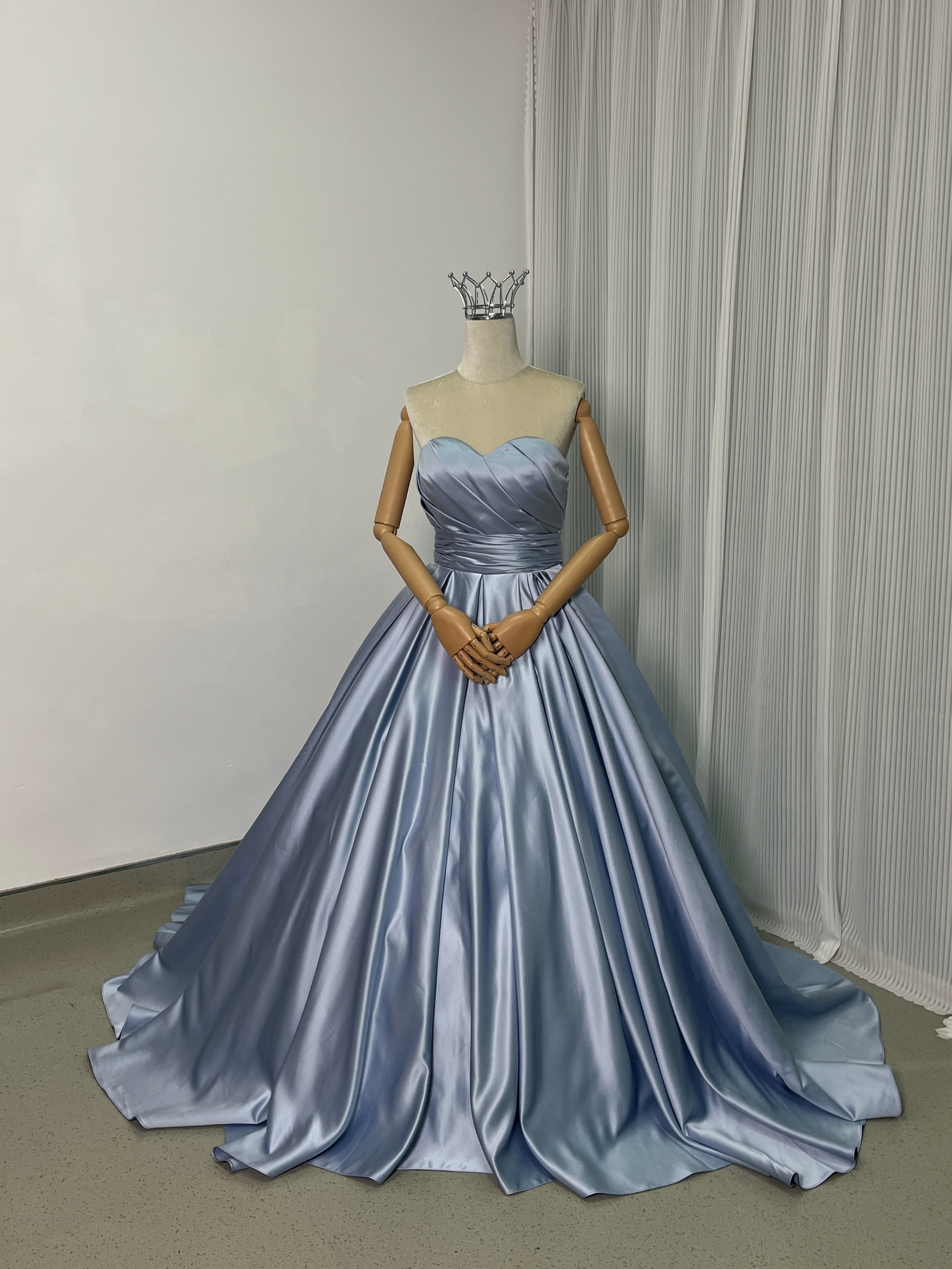 カラードレス エレガント ブルー Aライン ベアトップ パフスリーブ  