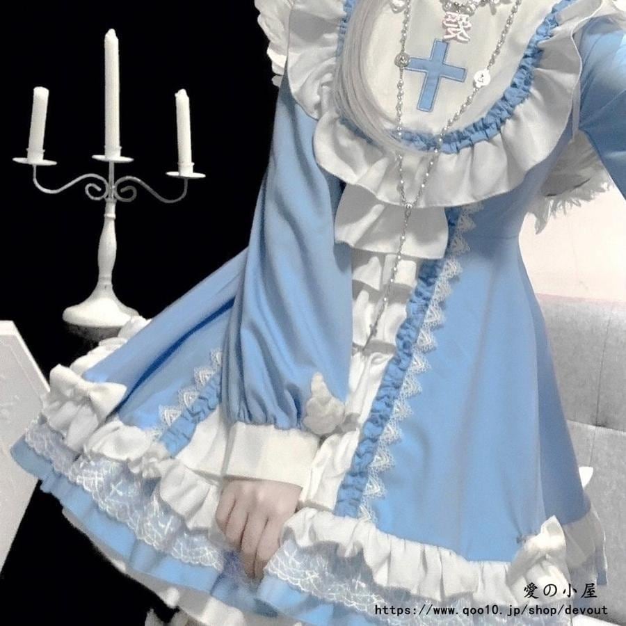 オリジナルゴシックシスター風ロリータブルー白ワンピースワンピースロリータキュートな日常その他 和服・コスチューム
