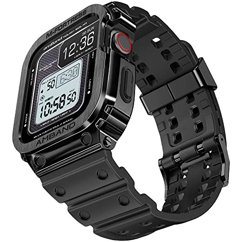 ブラック 45mm コンパチブル for アップル Watch バンド 45mm ステンレス鋼ケース付き 頑丈なTPUベルト iWatch Series 9/8/7に対応 45 mm 耐衝撃 装…