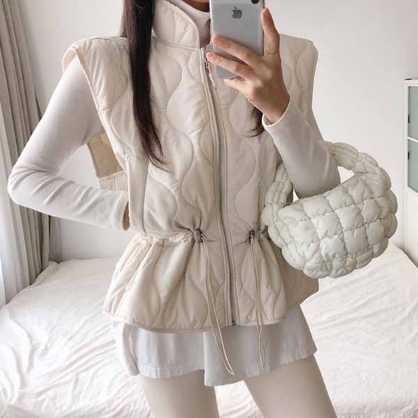韓国ファッション ハイネック ストリング キルティング ダウン ベスト