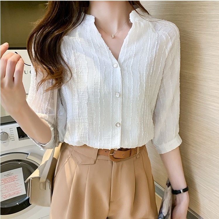 カジュアル半袖シャツ 半袖ストライプシャツ オフィスカジュアル 半袖シフォンシャツ トップス Tシャツ シャツ ブラウス 白シャツ 白トップス 袖あり 半袖 5分袖 五分袖 Vネック 襟付き フレア