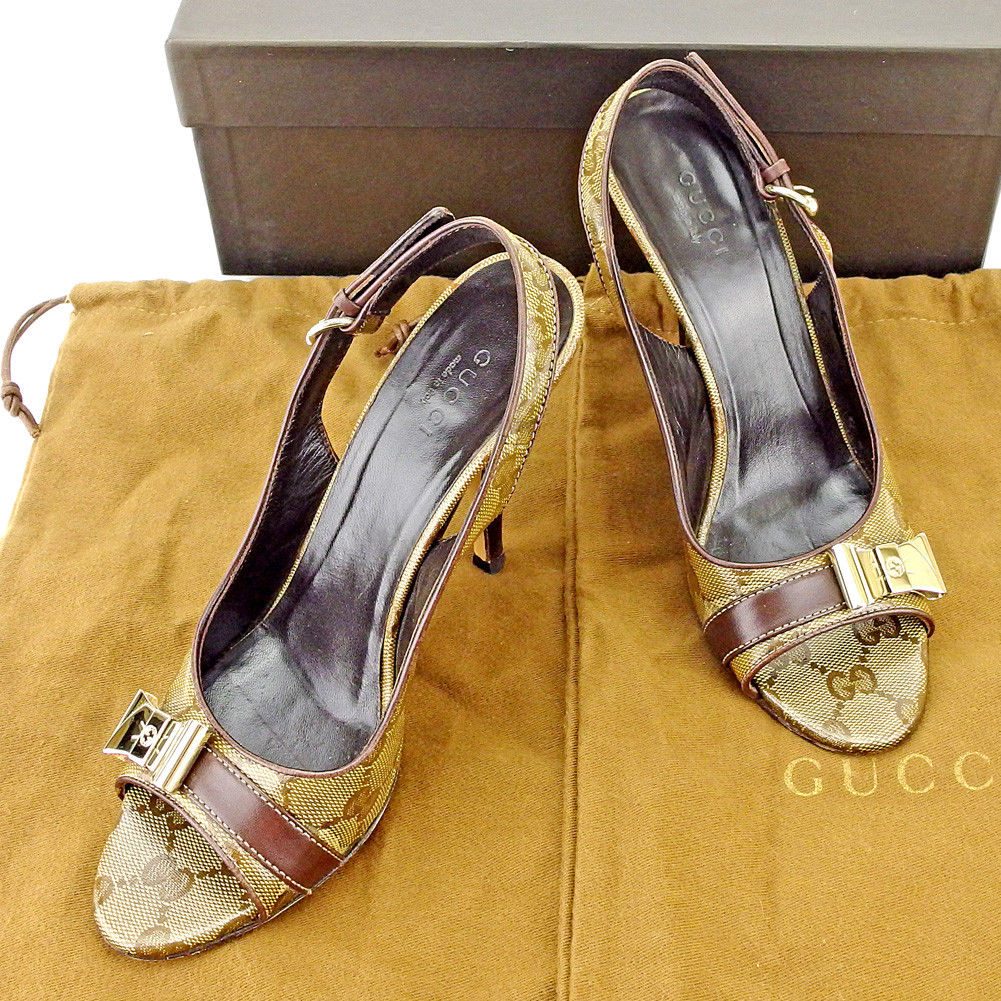 パンプス クリスタルGG 36C リボンプレート ベージュ ブラウン ゴールド レディース 中古