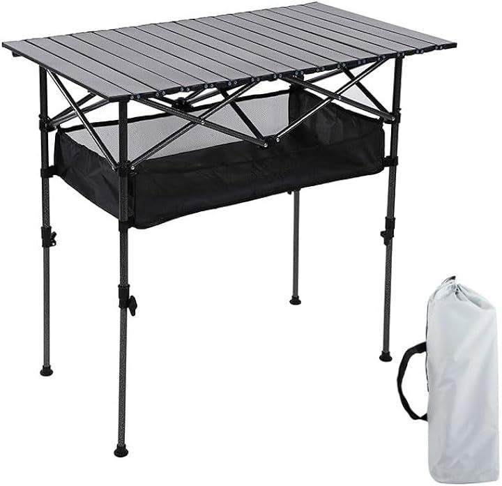 ピクニックテーブル 折りたたみ 伸縮可 アウトドア ロールテーブル キャンプテーブル 軽量 耐荷重50kg 携帯 便利 組立簡単 収納バッグ付き 釣り(ブラック, 95 x 55cm)