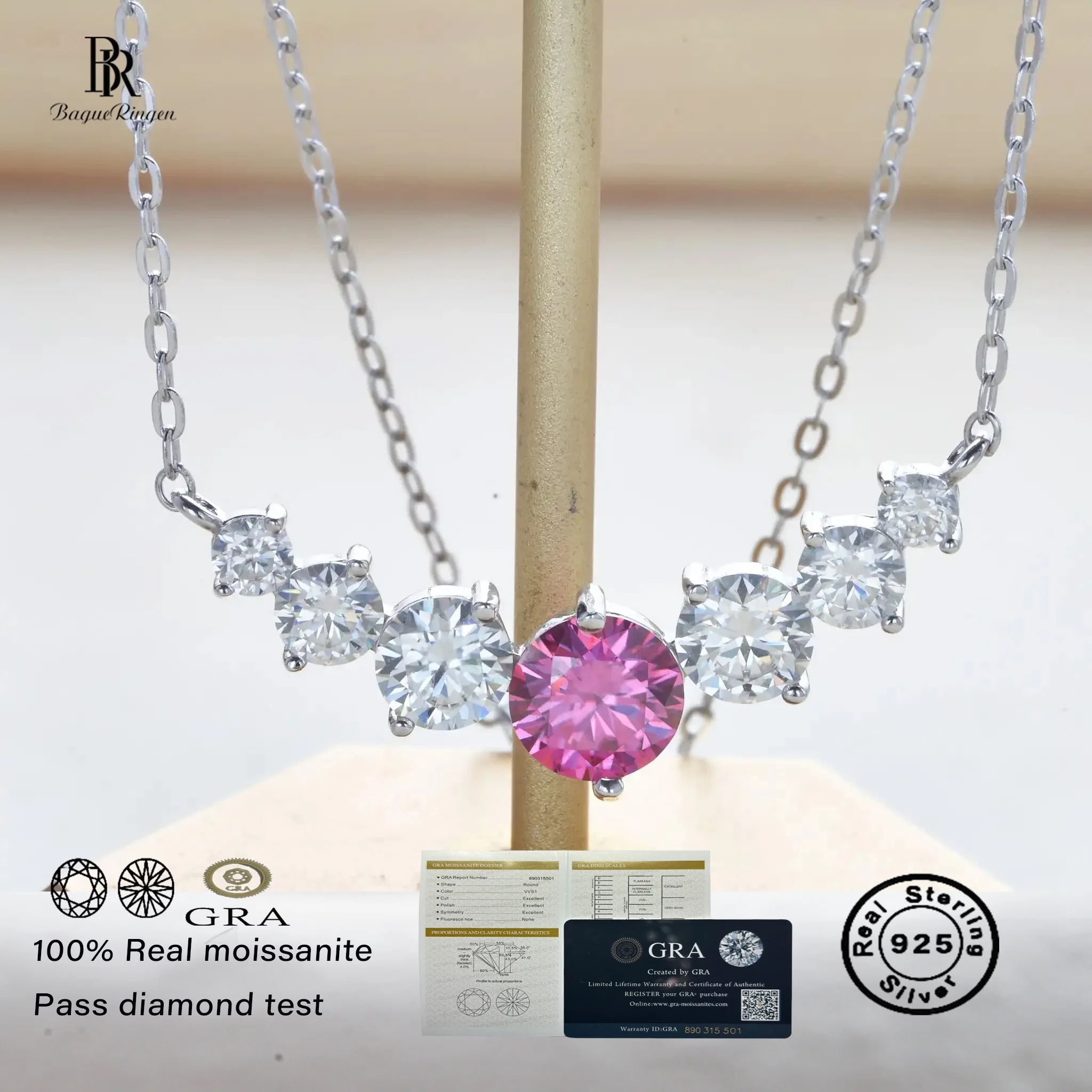 女性用モアッサナイト925シルバーメッキネックレス 女性用 18Kホワイト ゴールドチェーン gra付き ウェディング 上質 ピンク