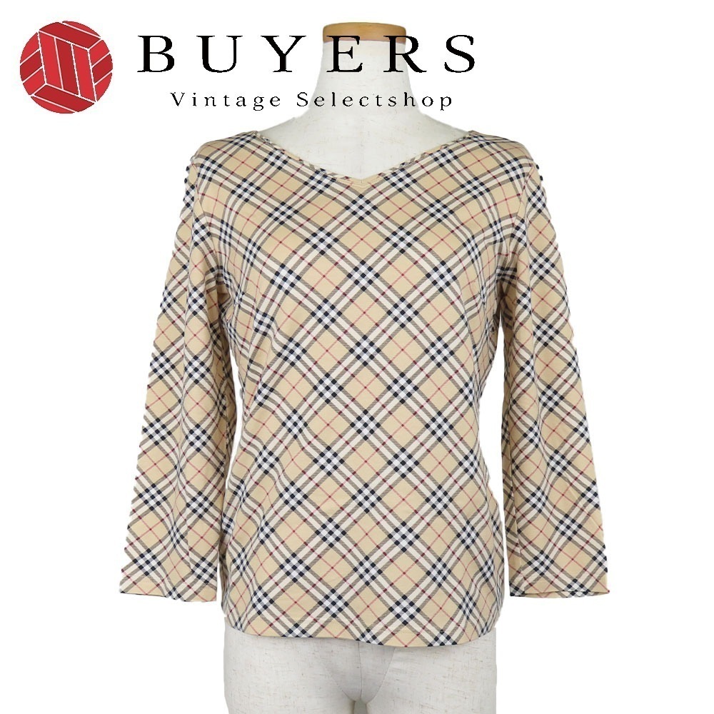 中古 カットソー 2 コットン ポリウレタン ベージュ ノバチェック 七分袖 アパレル レディース 女性