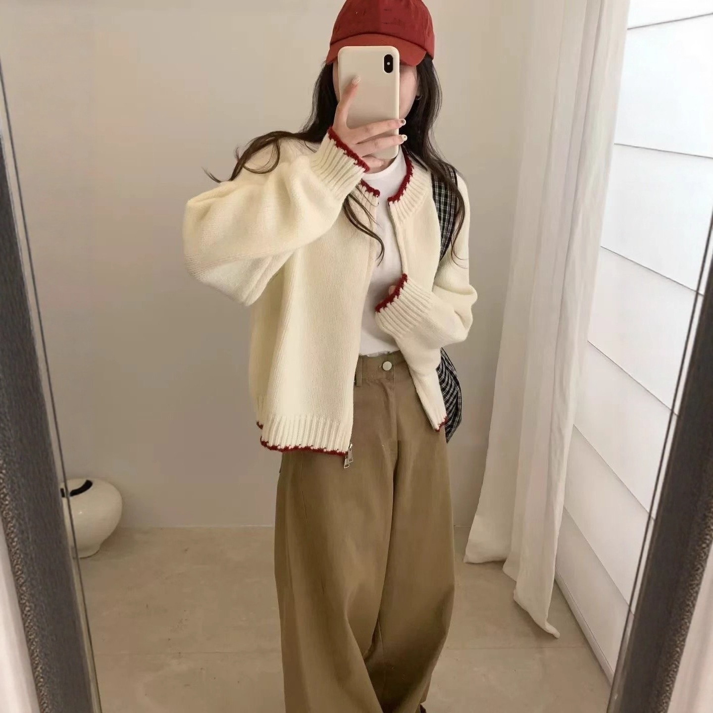 10個セット 2025秋冬韓系ぶつかり色ラウンドネックニットカーディガン女ゆったり100着シンプルカジュアルセーターコート