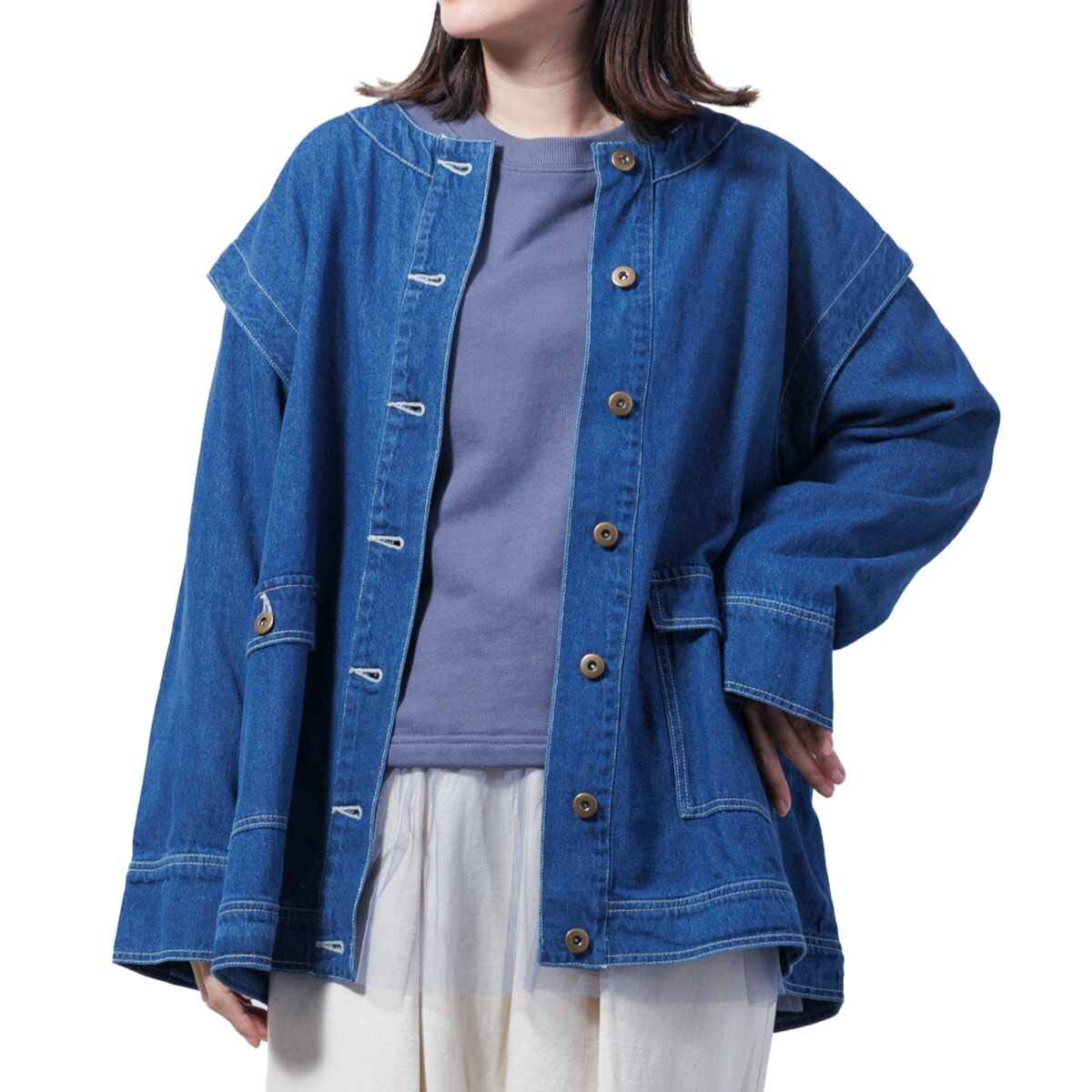 デニムジャケット 2WAY ベスト レディース ノーカラー Gジャン ジレ 春 アウター デニム ジャケット 袖取り外し ゆったり 大きいサイズ 前開き ビッグポケット 羽織り ノースリーブ 長袖 綿