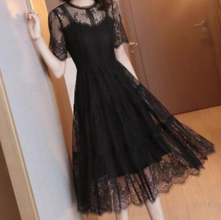 ワンピース ドレス レディース 膝下 半袖 シアー レース 刺繍 透け感 ガーリー かわいい 大人可愛い きれいめ シンプル 大人 上品 おしゃれ 夏 お出かけ デート パーティー ブラック