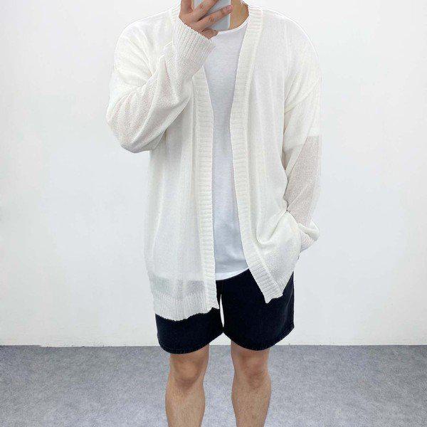 メンズオーバーフィット夏オープンショルダー無地ニットカーディガン_P342447353