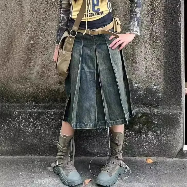 納期1~3週間程：レディースデニムスカート,ハイウエストスカート,ヴィンテージスタイル,ミドル丈,トレンディでファッショナブル