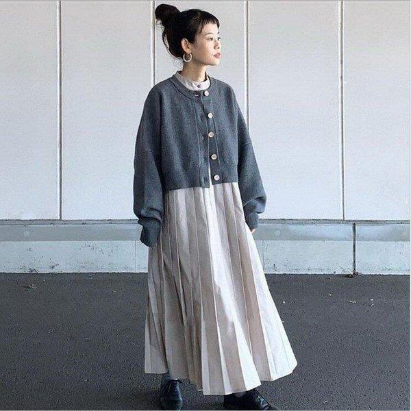 ワンピース プリーツワンピース ロングワンピース シャツワンピース 立ち襟 ワンピ プリーツ ギャザー パフスリーブ レディース ロング丈 長袖 美脚 無地 新作